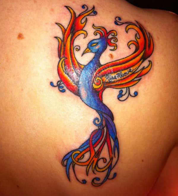 Colorful Girly Phoenix Tattoo On Right Back Shoulder