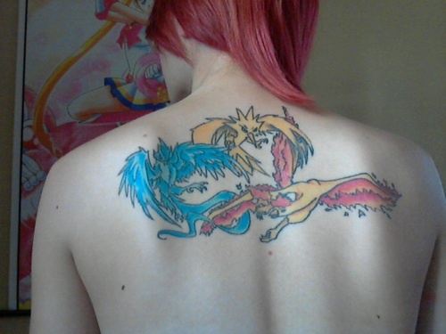 Colorful Legendary Pokemons Tattoo On Girl Upper Back