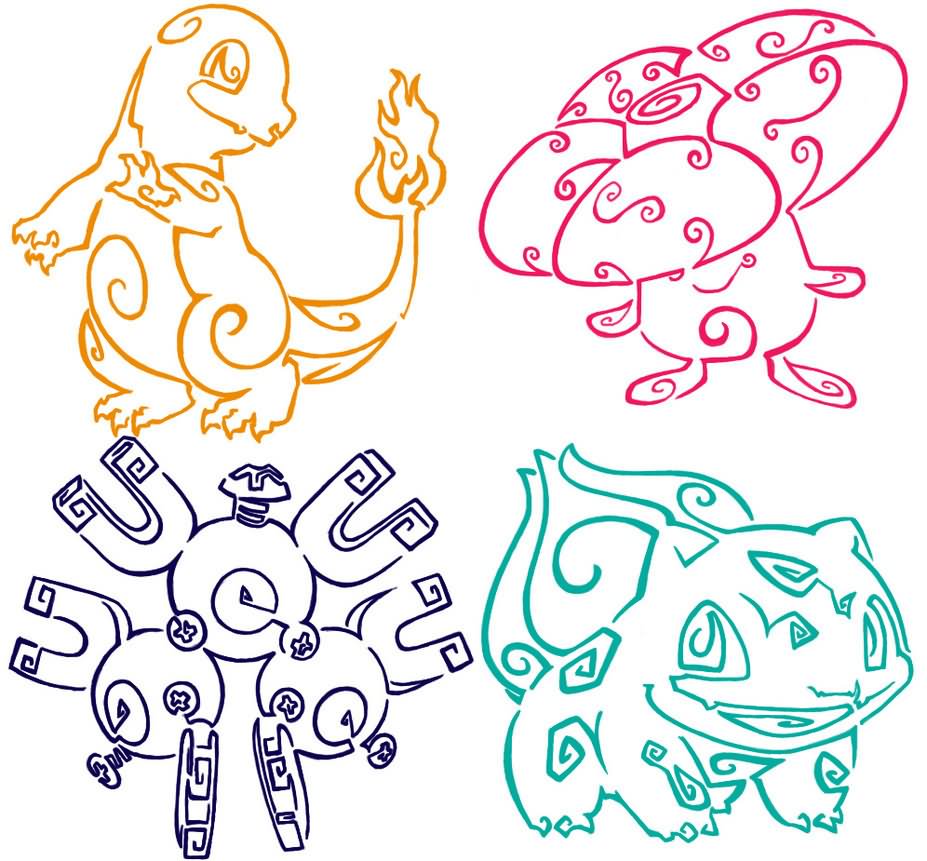 Colorful Outline Four Pokemon Tattoo Design By Tai