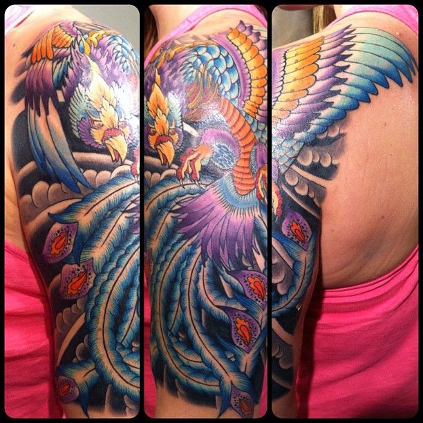 Colorful Phoenix Tattoo Design For Girl Half Sleeve