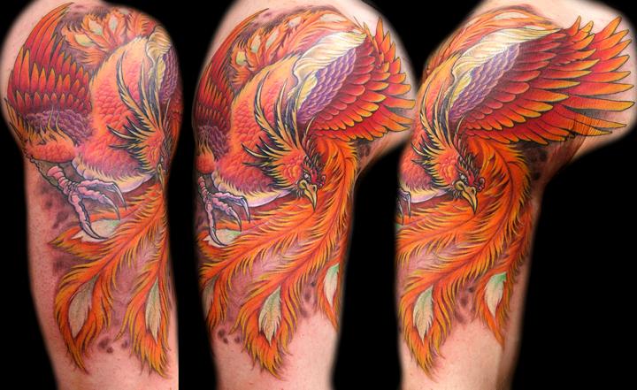 Colorful Phoenix Tattoo Design For Half Sleeve By Mathew Clarke