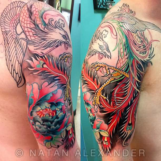 Colorful Phoenix Tattoo Design For Man Half Sleeve