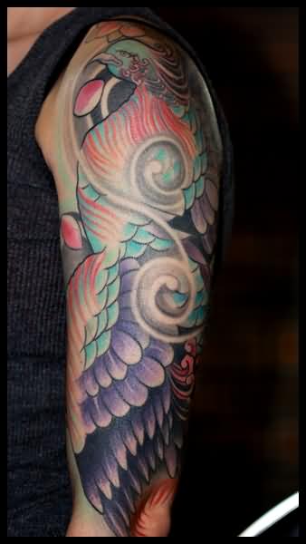 Colorful Phoenix Tattoo On Left Half Sleeve By Louis Santos Leeds