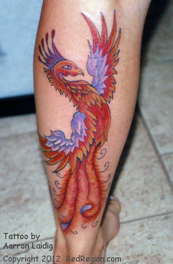 Colorful Phoenix Tattoo On Left Leg Calf