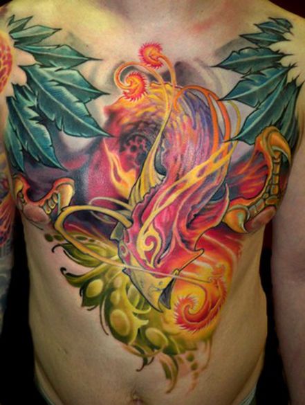 Colorful Phoenix Tattoo On Man Chest