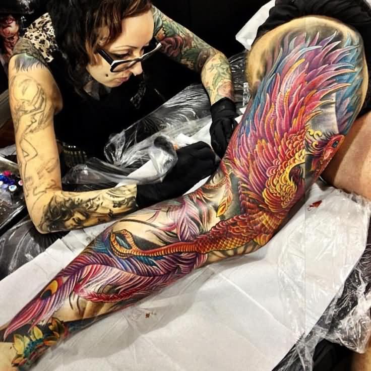 Colorful Phoenix Tattoo On Right Full Leg
