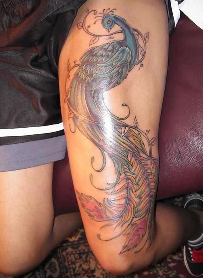 Colorful Phoenix Tattoo On Upper Leg
