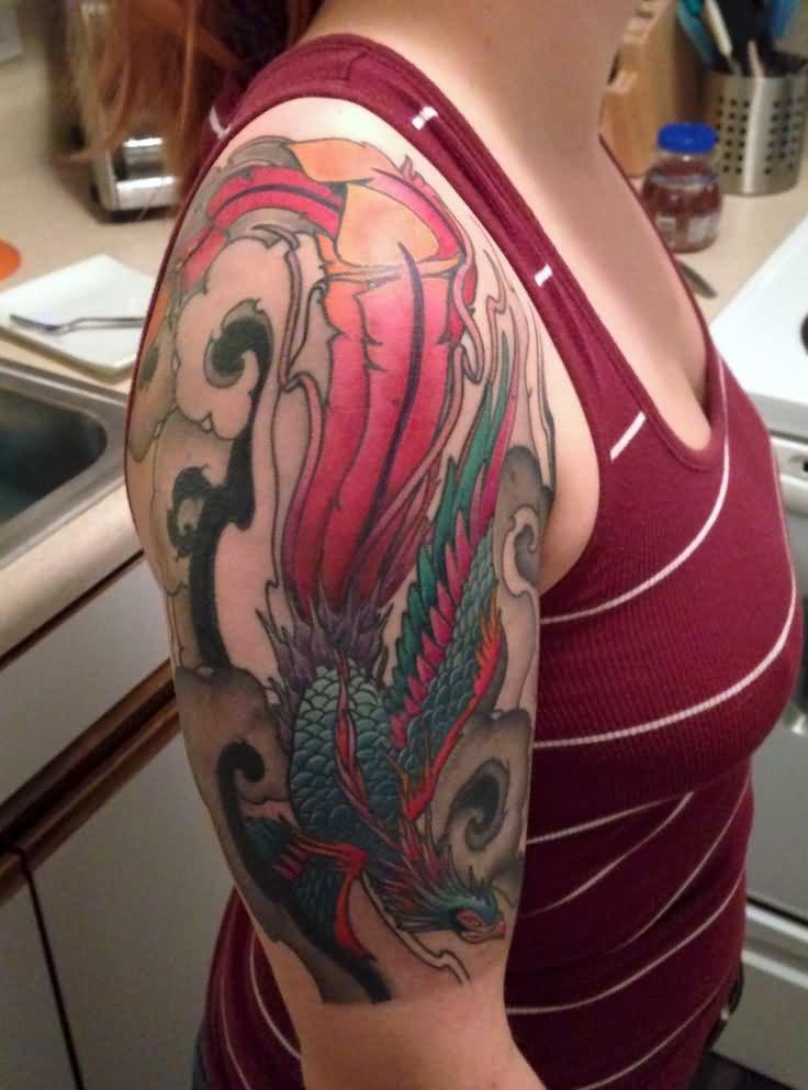 Colorful Phoenix Tattoo On Women Right Half Sleeve