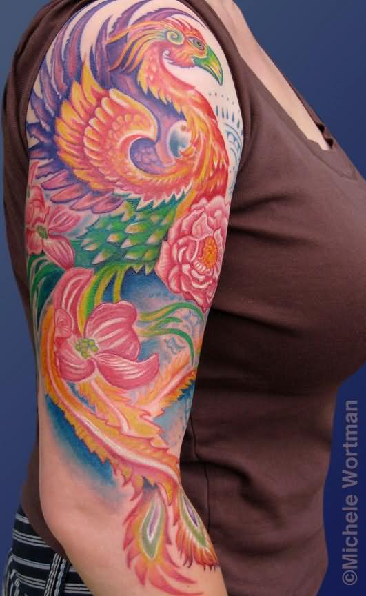 Colorful Phoenix With Flowers Tattoo On Women Right Half Sleeve