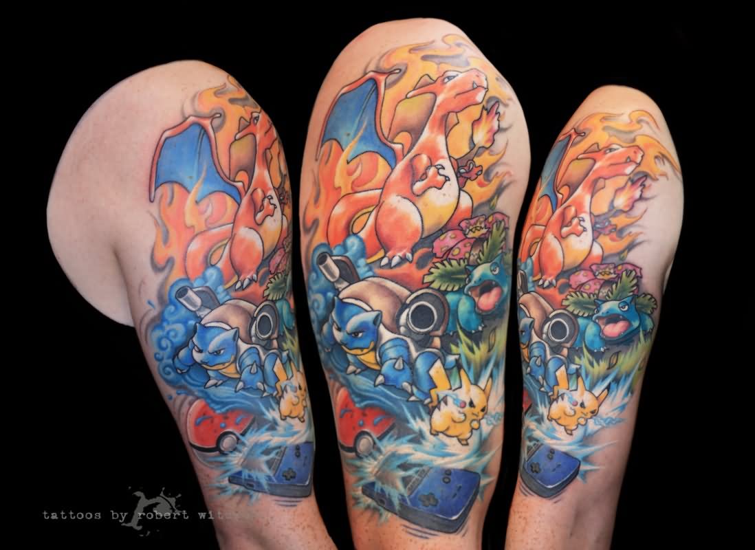 Colorful Pokemon Tattoo Designs For Half Sleeve