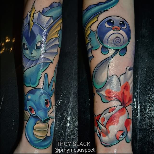 Colorful Pokemons Tattoo Design For Arm