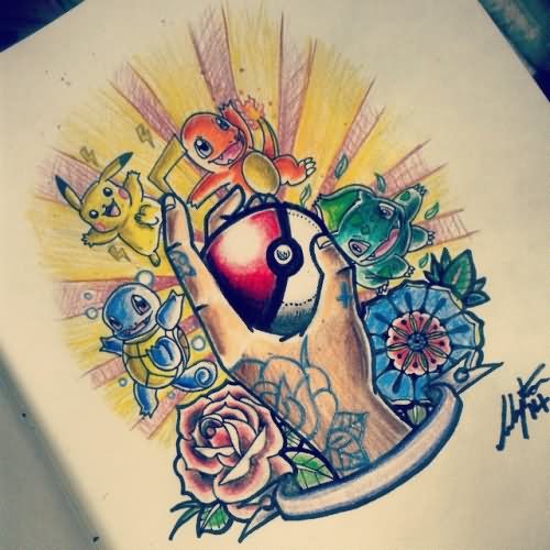 Colorful Pokemons Tattoo Design