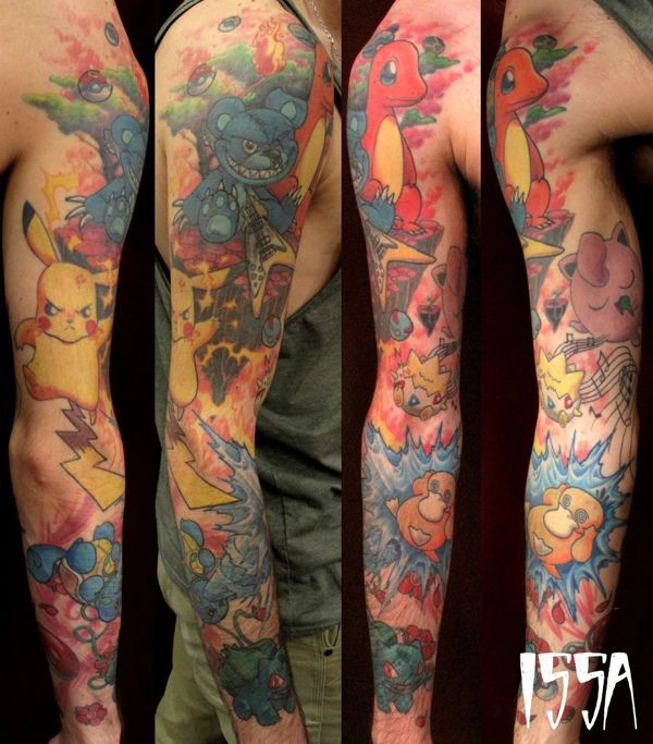Colorful Pokemons Tattoo On Right Full Sleeve