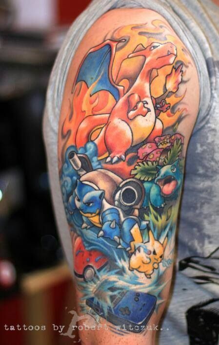 Colorful Pokemons Tattoo On Right Half Sleeve