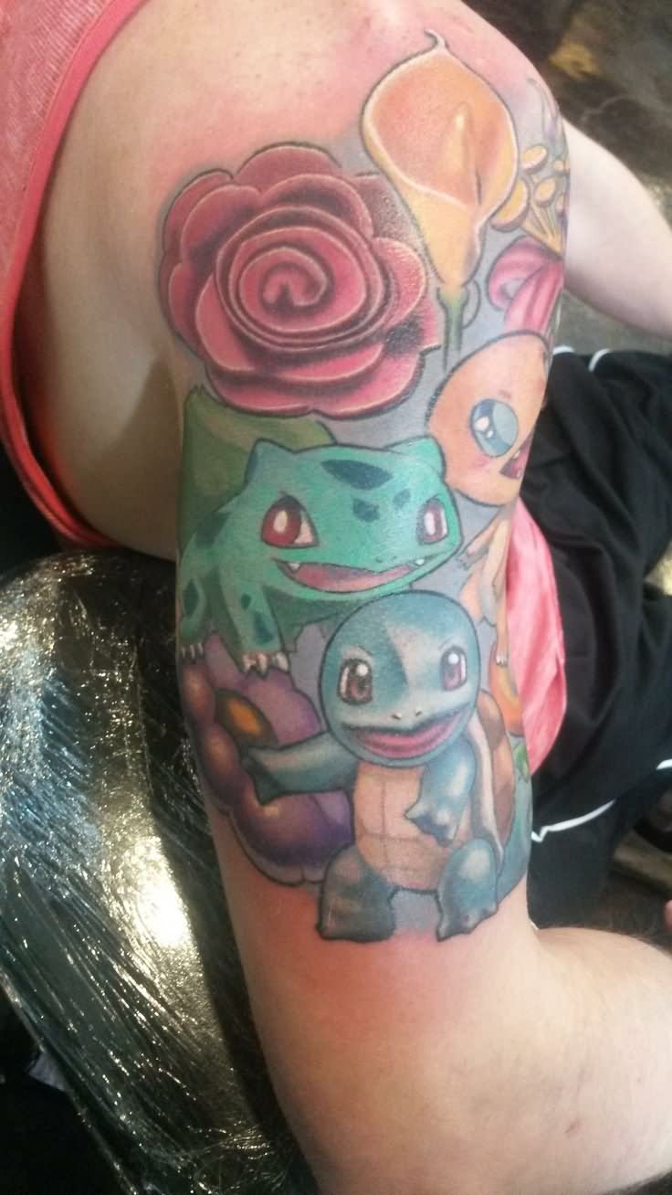 Colorful Pokemons With Flowers Tattoo Design For Half Sleeve