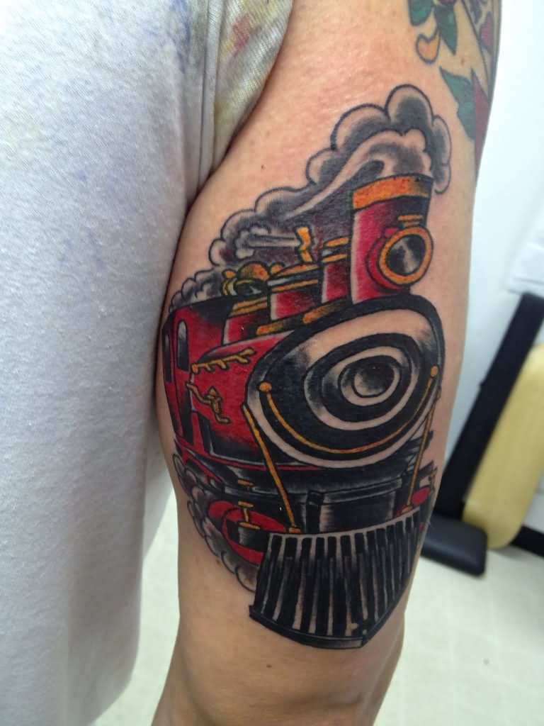 Colorful Steam Train Engine Tattoo On Right Half Sleeve By KeelHauled Mike