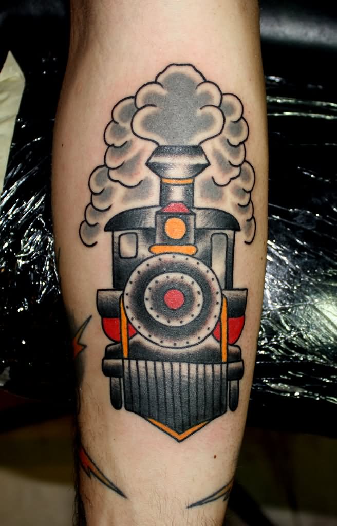 Colorful Traditional Train Tattoo Design For Arm By Myke Chambers