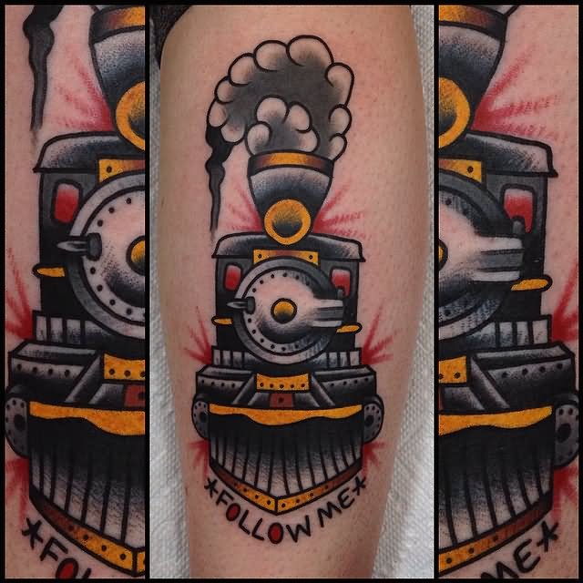 Colorful Traditional Train Tattoo Design For Arm