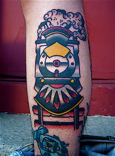 Colorful Traditional Train Tattoo Design For Leg