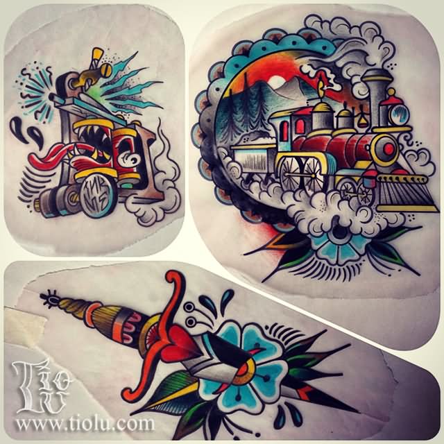 Colorful Traditional Train Tattoo Design