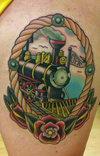 Colorful Train Engine In Rope Frame With Rose Tattoo Design