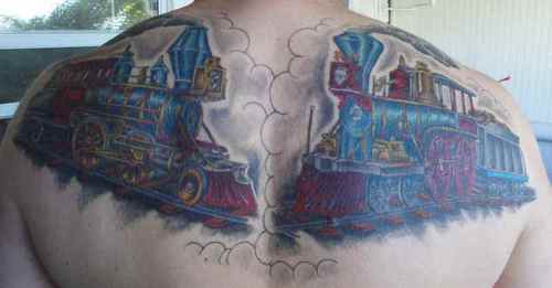 Colorful +Two Steam Train Tattoo On Upper Back