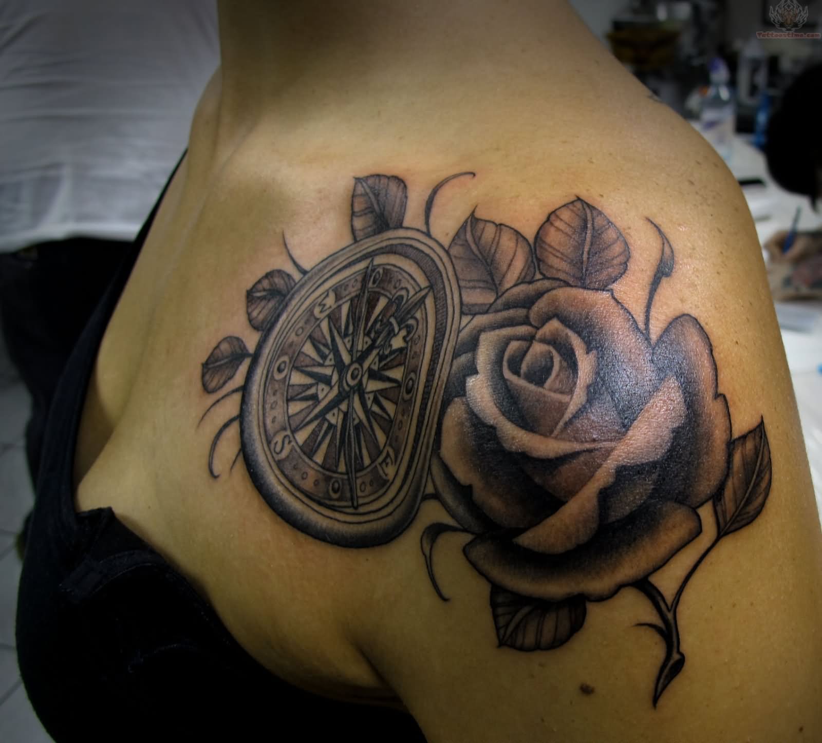 Compass And Rose Flower Tattoo On Left Shoulder
