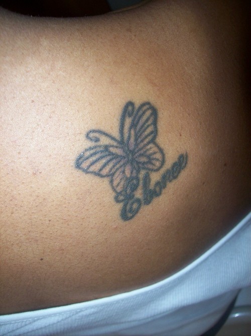 Cool Black Outine Butterfly Tattoo Design For Upper Right Back