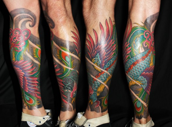 Cool Colorful Phoenix Tattoo On Leg