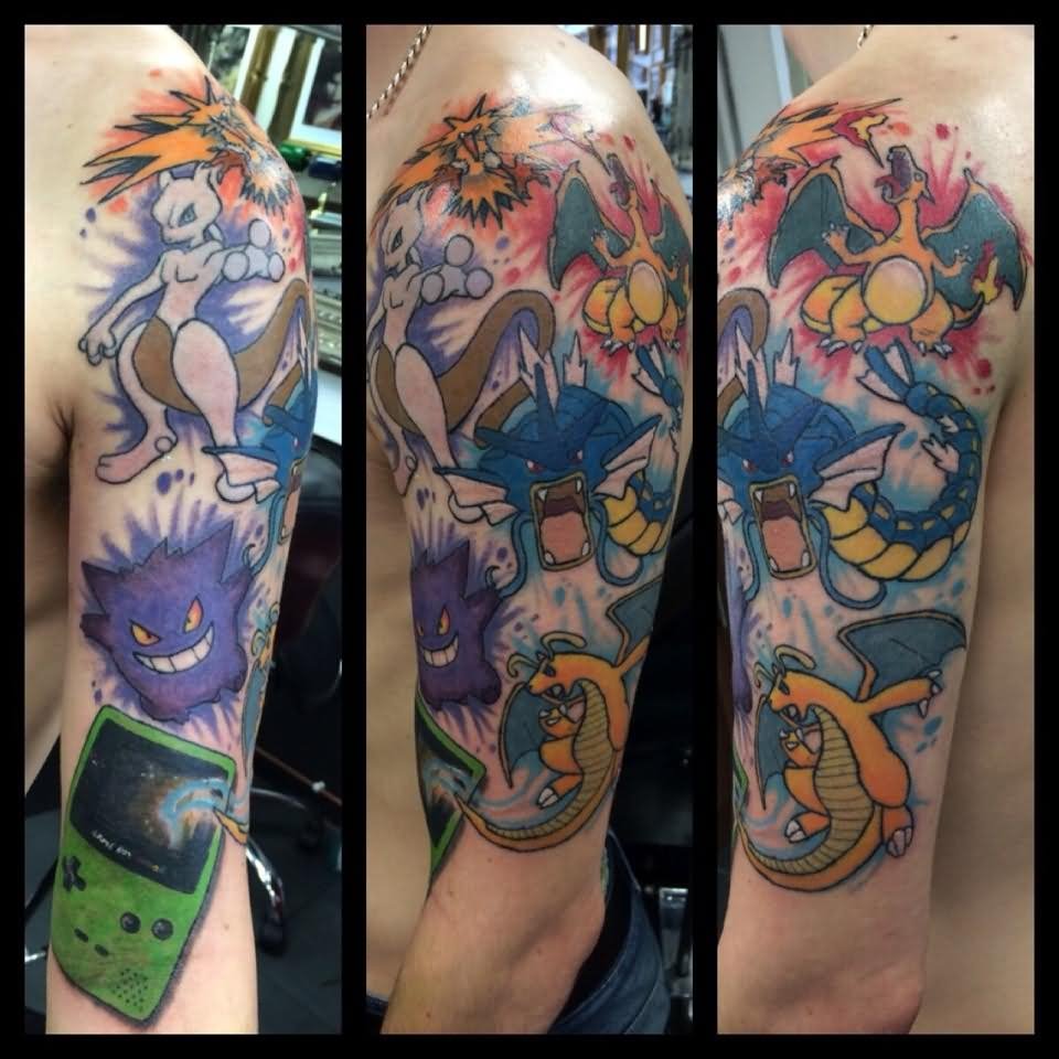 Cool Colorful Pokemons Tattoo On Man Left Half Sleeve
