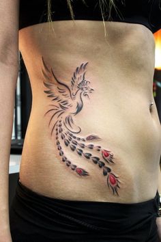 Cool Girly Phoenix Tattoo On Girl Side Rib