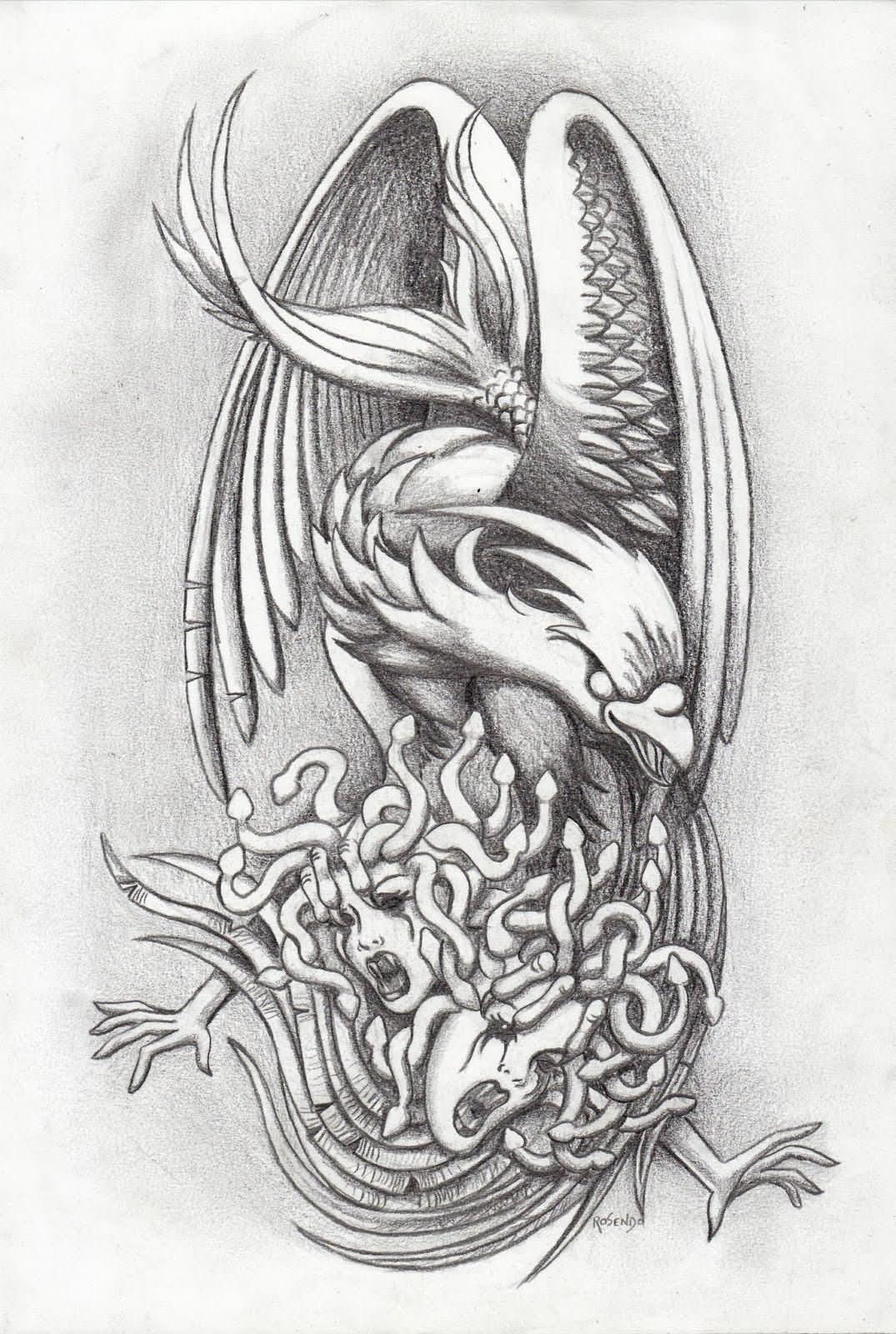 Cool Grey Ink Phoenix Tattoo Design