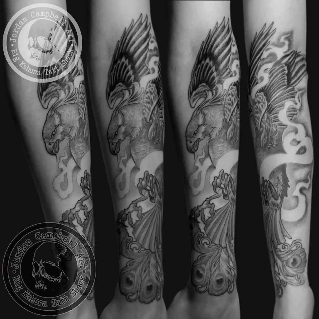 Cool Grey Ink Phoenix Tattoo On Forearm