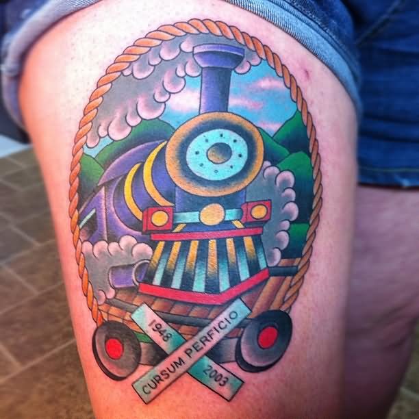 Cool Traditional Train Tattoo Design For Thigh