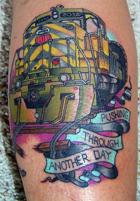 Cool Traditional Train With Banner Tattoo Design For Leg