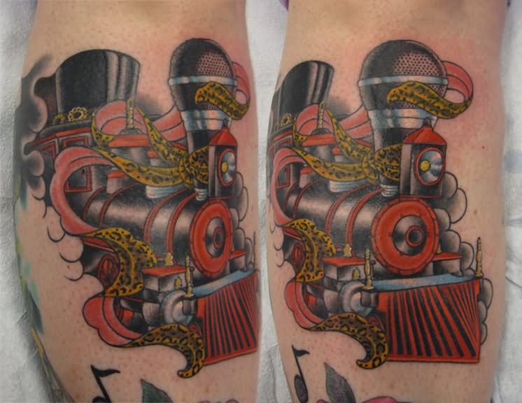 Cool Train Engine Tattoo Design For Leg Calf By BlackHive