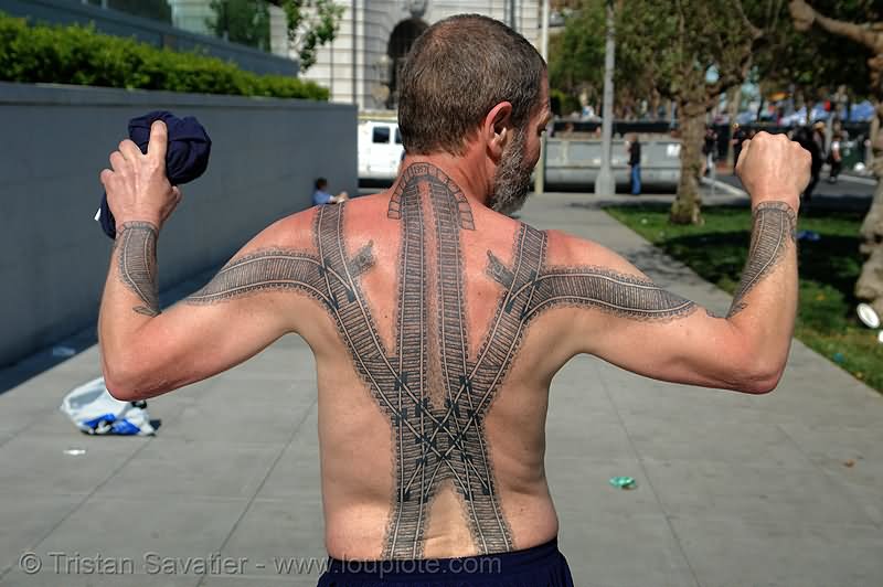 Cool Train Tracks Tattoo On Man Full Back