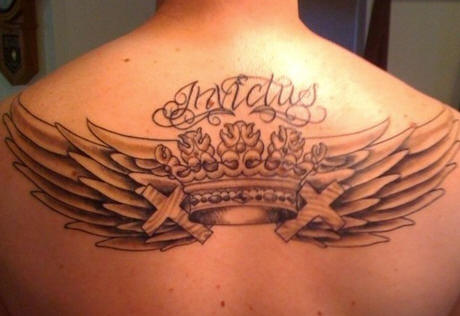 Crown With Wings Tattoo On Upper Back