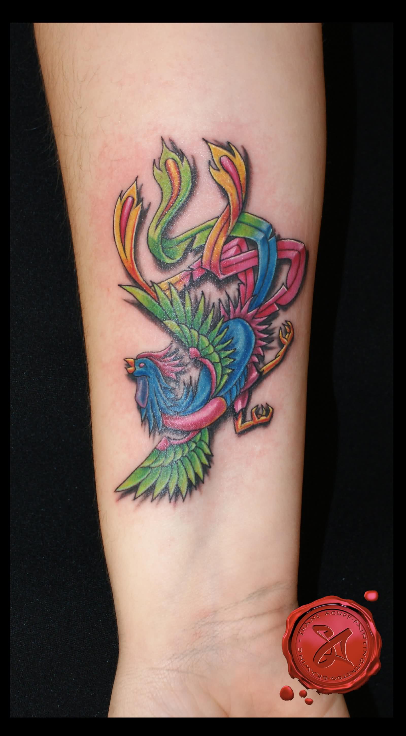 Cute Colorful Phoenix Tattoo On Forearm