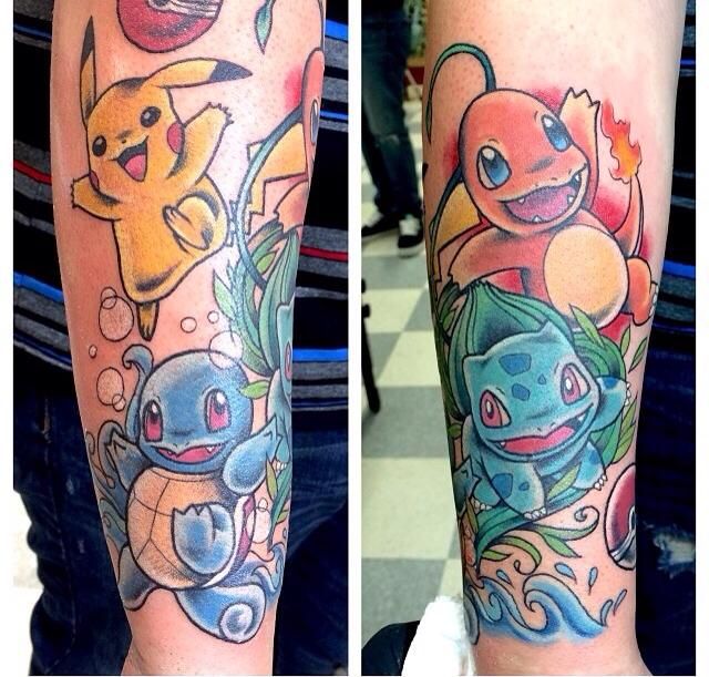 Cute Colorful Pokemons Tattoo Design For Half Sleeve