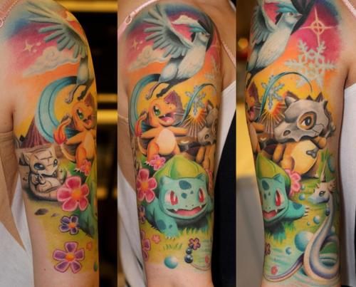 Cute Colorful Pokemons Tattoo On Half Sleeve