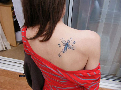 Cute Dragonfly Tattoo On Girl Upper Side Back