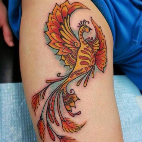 Cute Phoenix Tattoo Design For Thigh