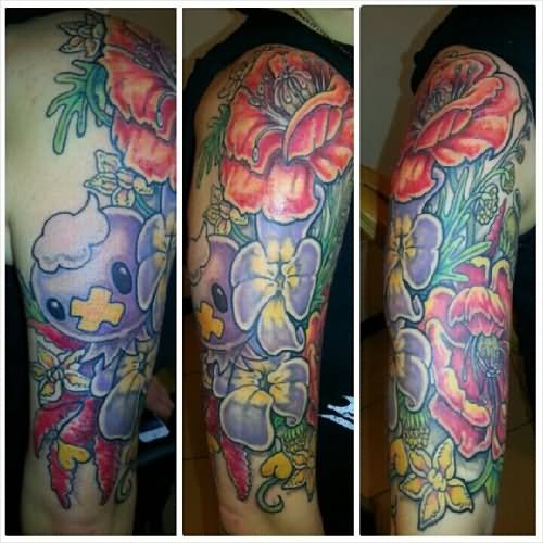 Cute Pokemon With Flowers Tattoo Design For Half Sleeve