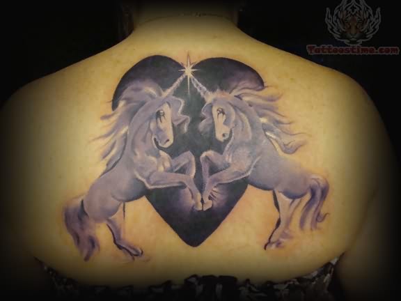 Cute Two Unicorn With Heart Tattoo On Upper Back