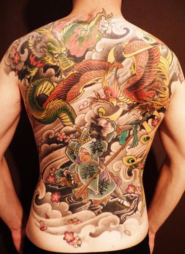 Dragon With Rising Phoenix From The Ashes Tattoo On Man Full Back