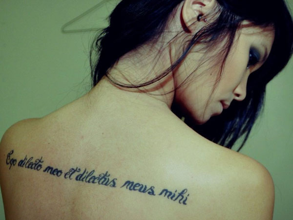 Ego Dilecto Meo Et Dilectus Meus Mihi Quote Tattoo On Girl Upper Back