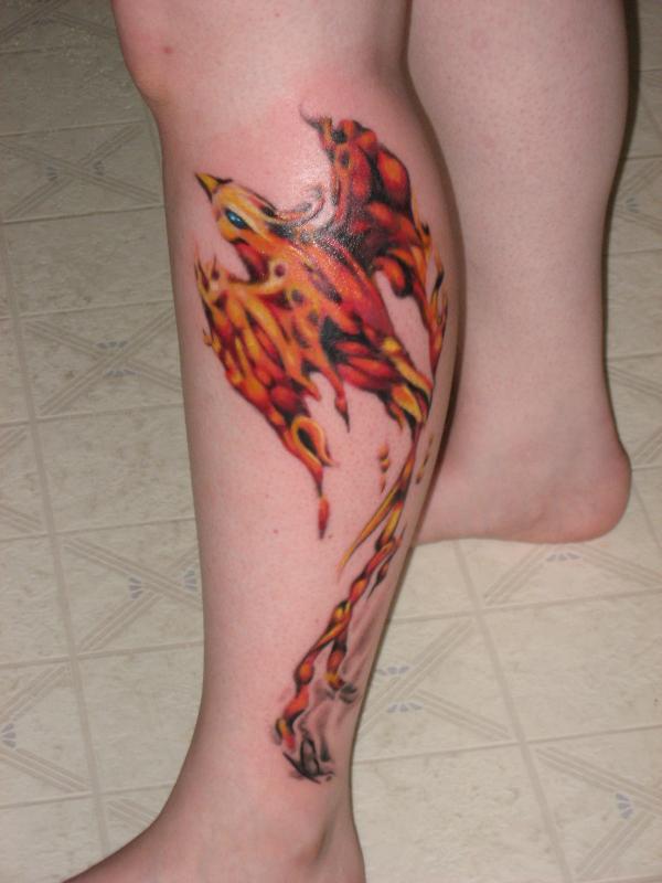 Flaming Phoenix Tattoo On Left Leg