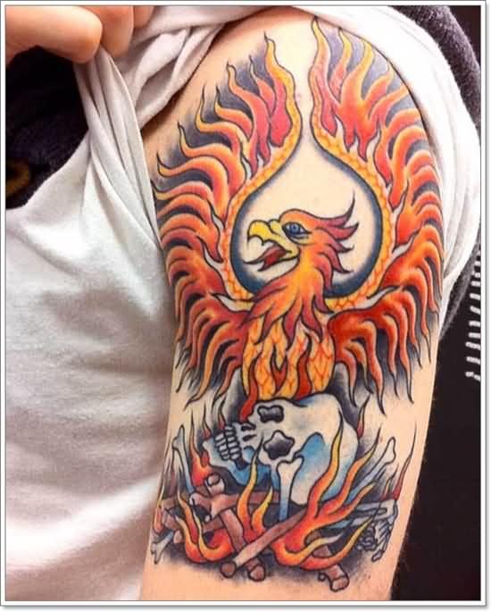 Flaming Phoenix With Skull Tattoo On Half Sleeve