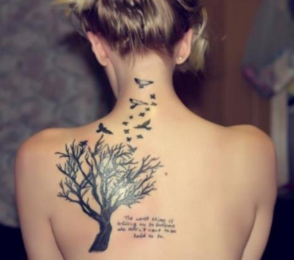 Flying Birds And Tree Tattoo On Back Shoulder